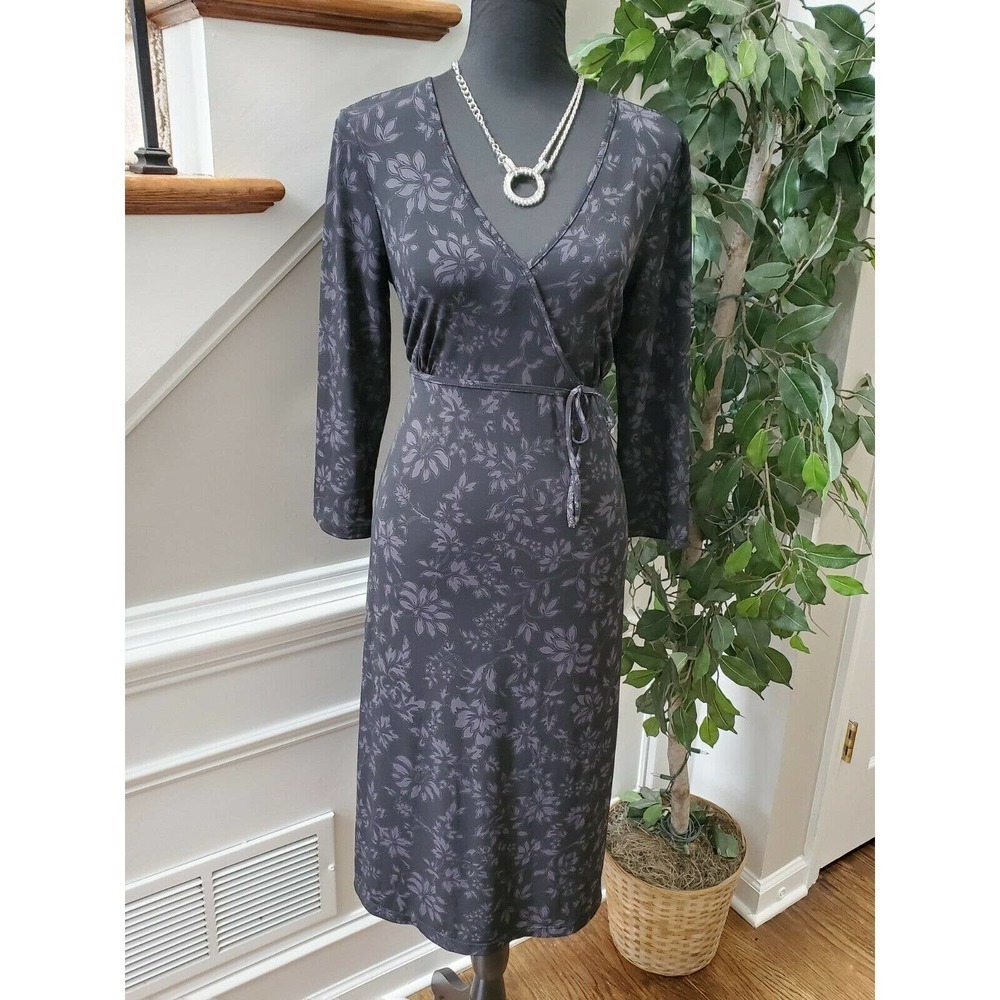 MotherHood Women's Black Floral Polyester Long Sleeve V-Neck Knee Length Dress S